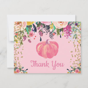 Waterverf Bloemige Herfst Pompoen Roze Goud Glitte Bedankkaart