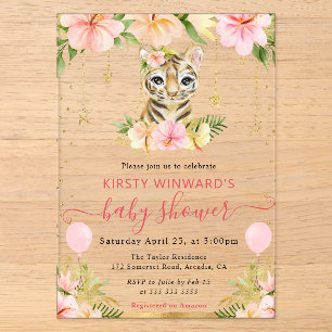 Waterverf Bloemige Jungle Tijger Baby Shower Acryl Uitnodigingen