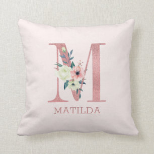 Waterverf bloemige monogram kinderkamer met letter kussen