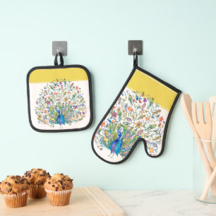 Waterverf bloemige pauw keukendoek ovenwant & pannenlap set