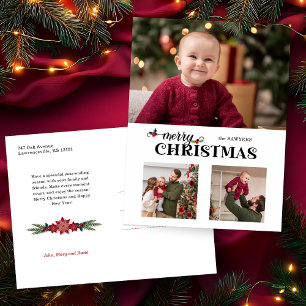 Waterverf Bloemige Prettig Kerst Script 3-Foto Feestdagenkaart
