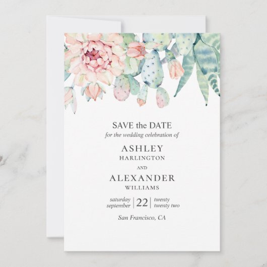 Waterverf bloemige succulenten. Groene & blauwe ca Save The Date (Voorkant)