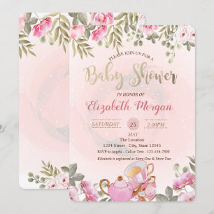 Waterverf Bloemige Theepot Macaron Baby Shower Kaart