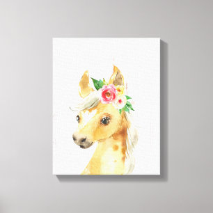 Waterverf Bloemige Veulen Paard Canvas Afdruk