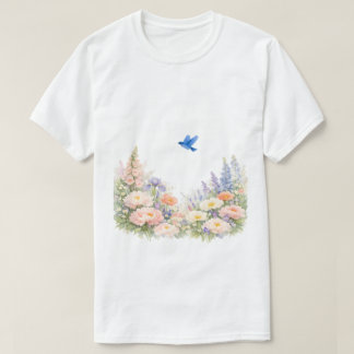 Waterverf Bloemige Wilde Bloemenwei Blauwe Vogel T-shirt