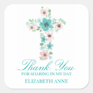 Waterverf Bloemkruis Eerste Communie Vierkante Sticker