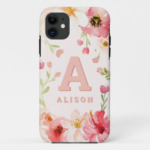 Waterverf bloemmonogram + naam personaliseren iPhone 11 hoesje