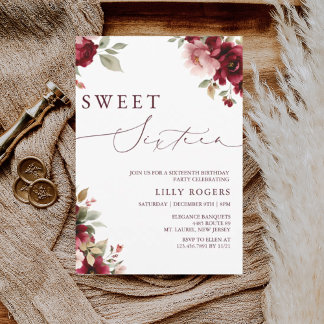 Waterverf Bloemrijk Rood Bourgondië Sweet Sixteen Kaart