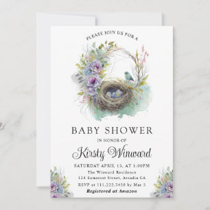 Waterverf Bloemrijke Lente Vogelnest Baby Shower Kaart