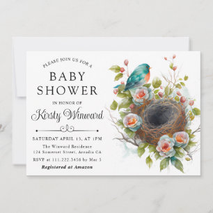 Waterverf Bloemrijke Lente Vogelnest Baby Shower Kaart