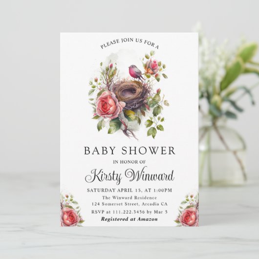 Waterverf Bloemrijke Lente Vogelnest Baby Shower Kaart (Staand voorkant)