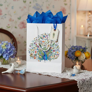 Waterverf bloemrijke pauw  medium cadeauzakje