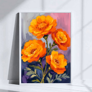 Waterverf bloemschilderij van oranje afrikaantjes poster
