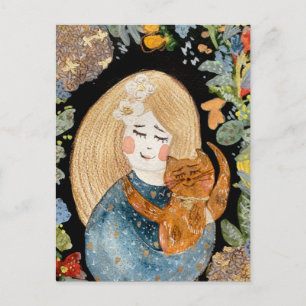 Waterverf blond meisje met gemberkat in bloemen briefkaart