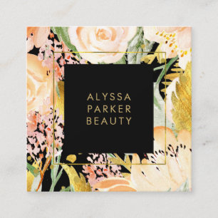 Waterverf Blooms   Goud en pekelhout op zwart Vierkante Visitekaartje
