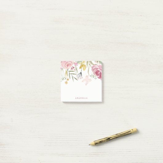 Waterverf Blooms | Roze en goudbloemen Post-it® Notes (Op bureau)