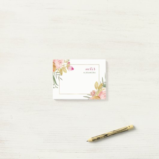 Waterverf Blooms | Roze en goudvlies op wit Post-it® Notes (Op bureau)