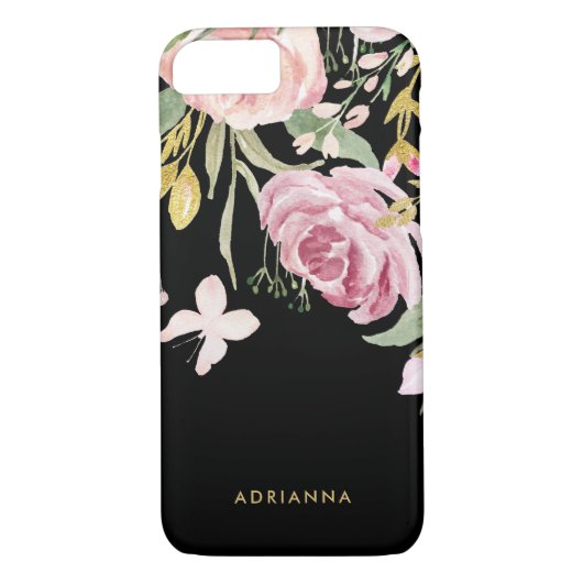 Waterverf Blooms | Roze en goudvlies op zwart Case-Mate iPhone Case (Achterkant)