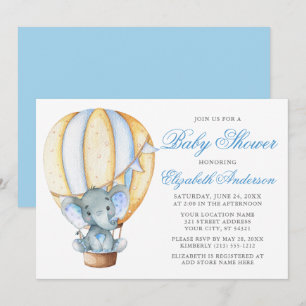 Waterverf Blue Air Ballon Elephant Baby shower Kaart