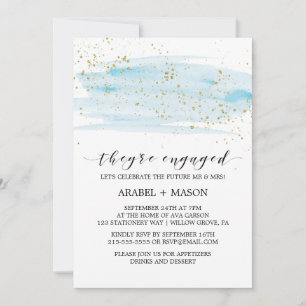 Waterverf Blue and Gold Sparkle Engagement Party Kaart