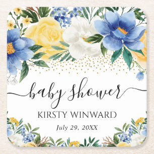 Waterverf Blue and Yellow Flowers Baby shower Vierkante Kartonnen Onderzetter