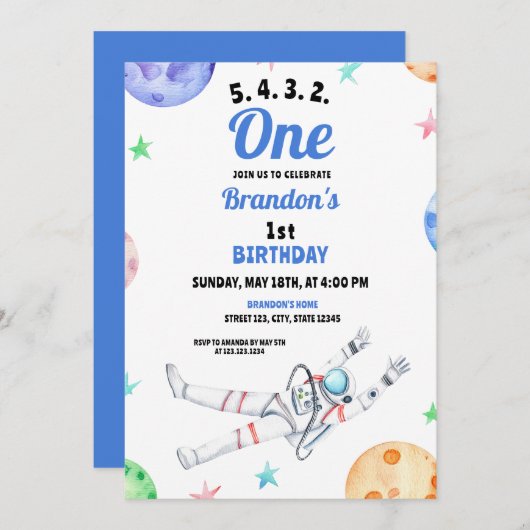Waterverf Blue Astronaut Baby 1e verjaardag Kaart (Voorkant / Achterkant)