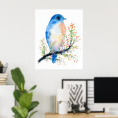 Waterverf Blue Bird op Berry Branch Poster (Thuiskantoor)