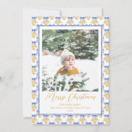 Waterverf Blue Bow Bells Vintage kerstfoto Feestdagenkaart
