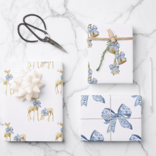 Waterverf Blue Bow Chinoiserie Rendieren en Bells Inpakpapier Vel