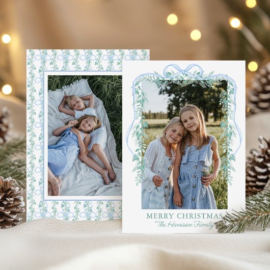Waterverf Blue Bow Garland Kerstfoto Feestdagenkaart