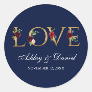 Waterverf Blue Burgundy Floral Gold Love Wedding Ronde Sticker