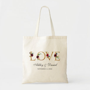 Waterverf Blue Burgundy Floral Love Gold Wedding Tote Bag