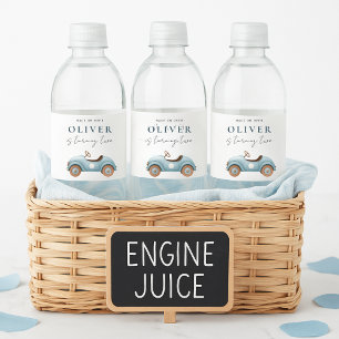 Waterverf Blue Car "Engine Juice" Kids Verjaardag Waterfles Etiket