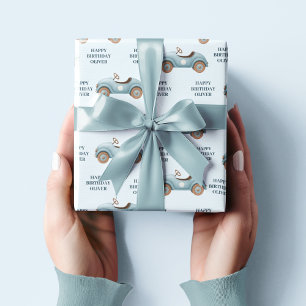 Waterverf Blue Car   Gelukkige verjaardag Cadeaupapier