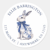 Waterverf Blue Chinoiserie Bunny Rabbit Adres Ronde Sticker (Voorkant)