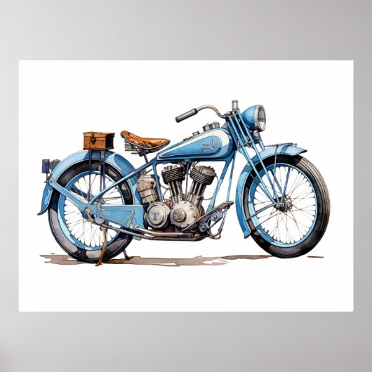 Waterverf Blue Classic Motorcycle Poster (Voorkant)