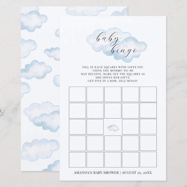 Waterverf Blue Cloud Baby shower Baby Bingo (Voorkant / Achterkant)