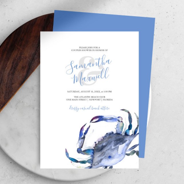 Waterverf Blue Coastal Crab Couples Shower (Bridal shower invitations watercolor blue crab art by Victoria Grigaliunas Do Tell A Belle)