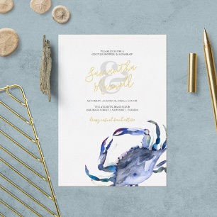 Waterverf Blue Coastal Crab Couples Shower Folie Uitnodiging