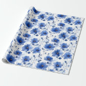Waterverf Blue Daisy Pattern Cadeaupapier (Uitgerold)