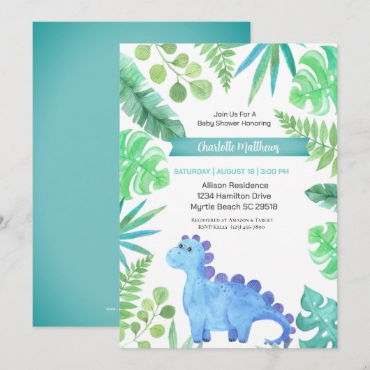 Waterverf Blue Dinosaur Boys Baby shower Kaart (Voorkant / Achterkant)