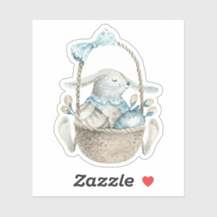 Waterverf Blue Easter Bunny Eggs Basket Sticker