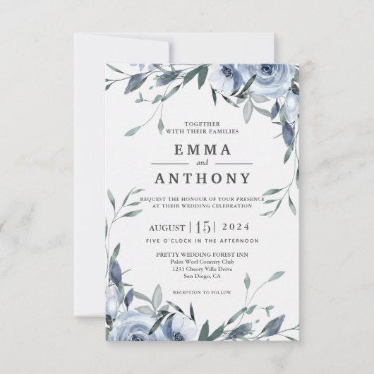 Waterverf Blue Elegant Floral Wedding Invitation Bedankkaart (Voorkant)