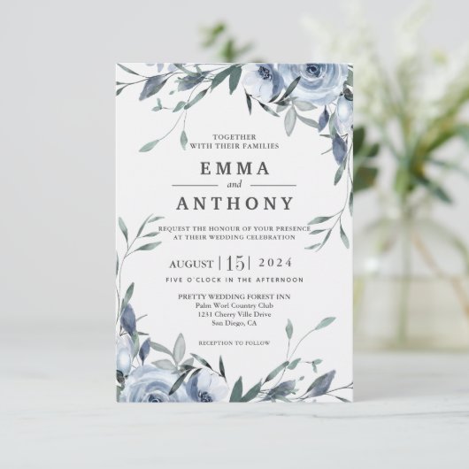 Waterverf Blue Elegant Floral Wedding Invitation Bedankkaart (Staand voorkant)