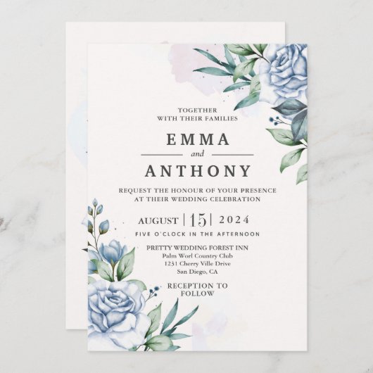 Waterverf Blue Elegant Floral Wedding Invitation Kaart (Voorkant / Achterkant)