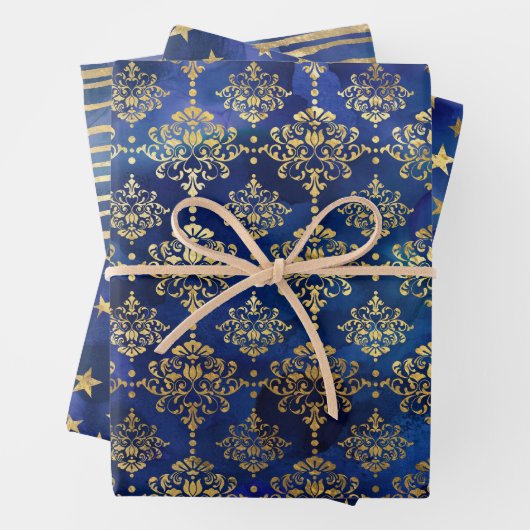 Waterverf Blue en Gold Ink Fantasy Patterns Inpakpapier Vel (In situ)