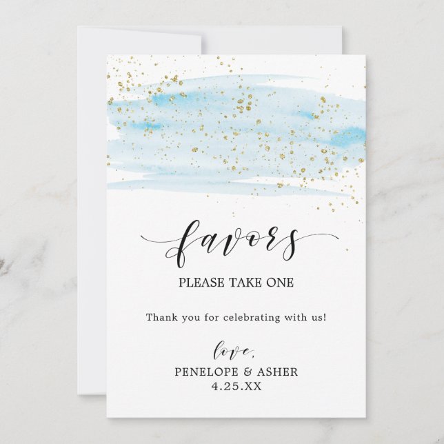 Waterverf Blue en Gold Sparkle Favors Sign (Voorkant)