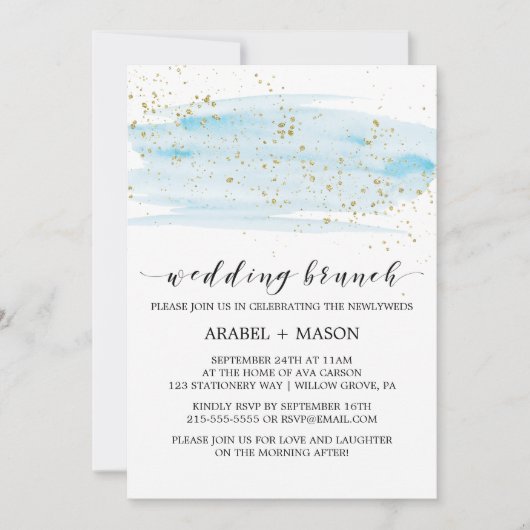 Waterverf Blue en Gold Sparkle Wedding Brunch Kaart (Voorkant)