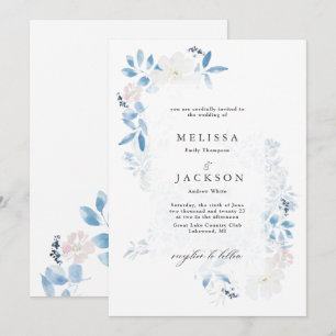Waterverf Blue en White Flowers Invitation Kaart