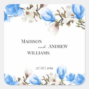Waterverf Blue en White Magnolia Blossom Vierkante Sticker
